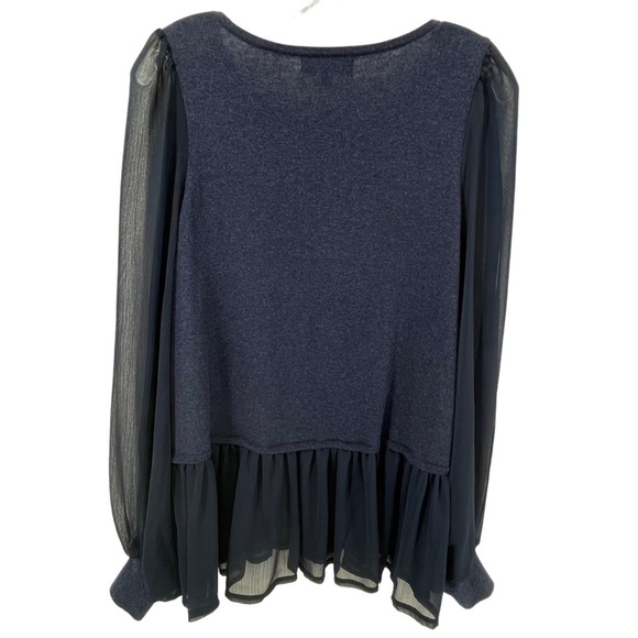 DG2 by Diane Gilman Navy Blue Blouson Chiffon Sleeve Peplum Blouse - Sz M - Picture 2 of 15